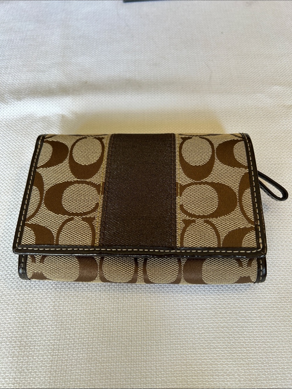 Coach Brown Signature Canvas Trifold Wallet with Dark Brown Stripe